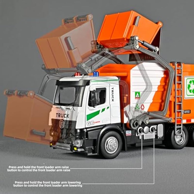 Front Loader Arm Toy Garbage Truck with Auto Lift Function,Diecast Garbage Truck Metal Cab,Friction Powered Garbage Truck Toy with Lights and Sounds,Garbage Trucks for Boys Age 4-7（Orange） - Image 5